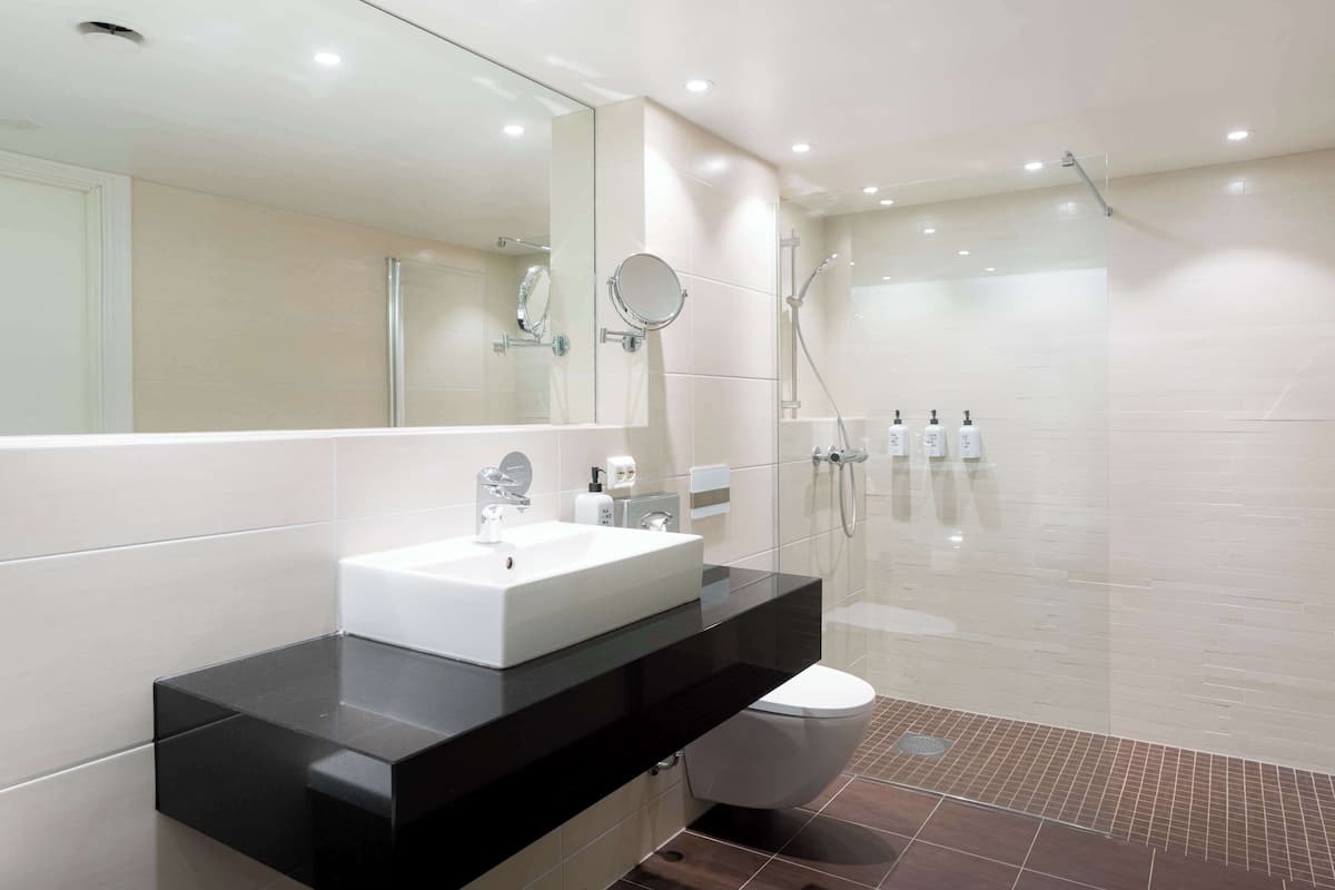 junior suite, 1 king bed with sofa bed | bathroom | shower, hair dryer, towels