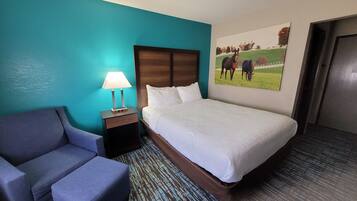 A hotel room with a bed, a chair, a nightstand with a lamp, and a painting of horses on the wall.