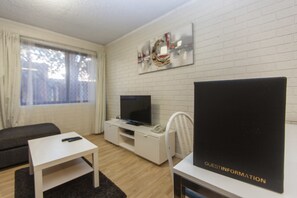 40-inch TV with cable channels, DVD player, first-run movies