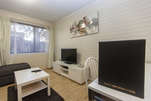 40-inch TV with cable channels, DVD player, first-run movies