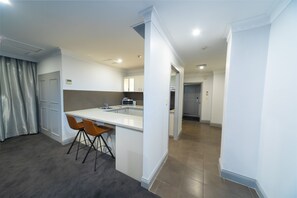 Back 2 Bedroom Apartment 301 (No View) + Light Breakfast placed in Room | Private kitchen | Fridge, coffee/tea maker