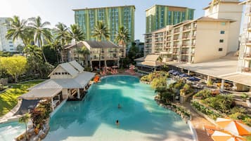 Outdoor pool, pool umbrellas, sun loungers