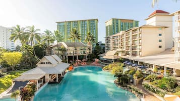 Outdoor pool, pool umbrellas, pool loungers