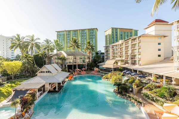 Outdoor pool, pool umbrellas, sun loungers