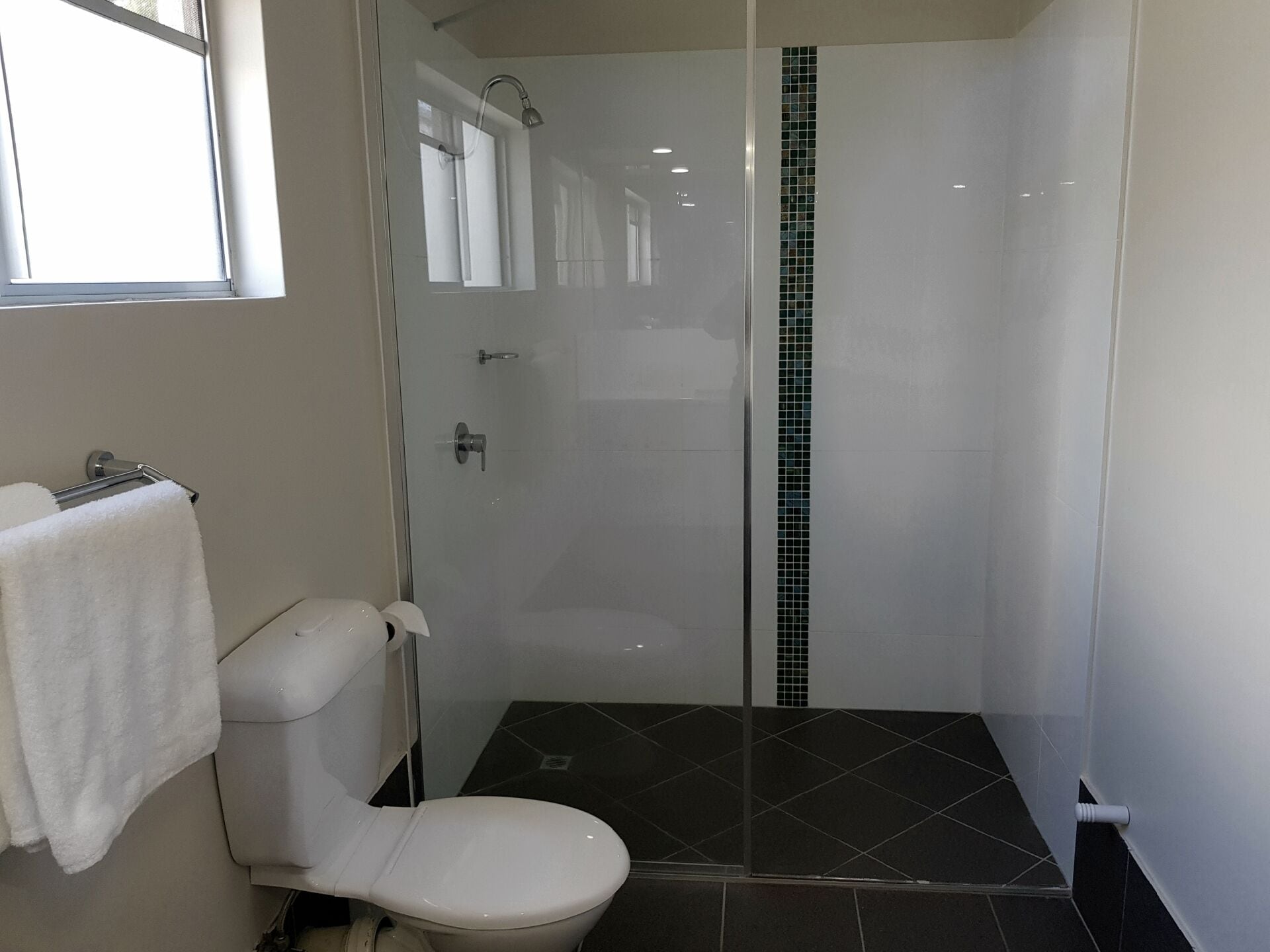 Un baño con inodoro, ducha con mampara de vidrio y piso de baldosas.
