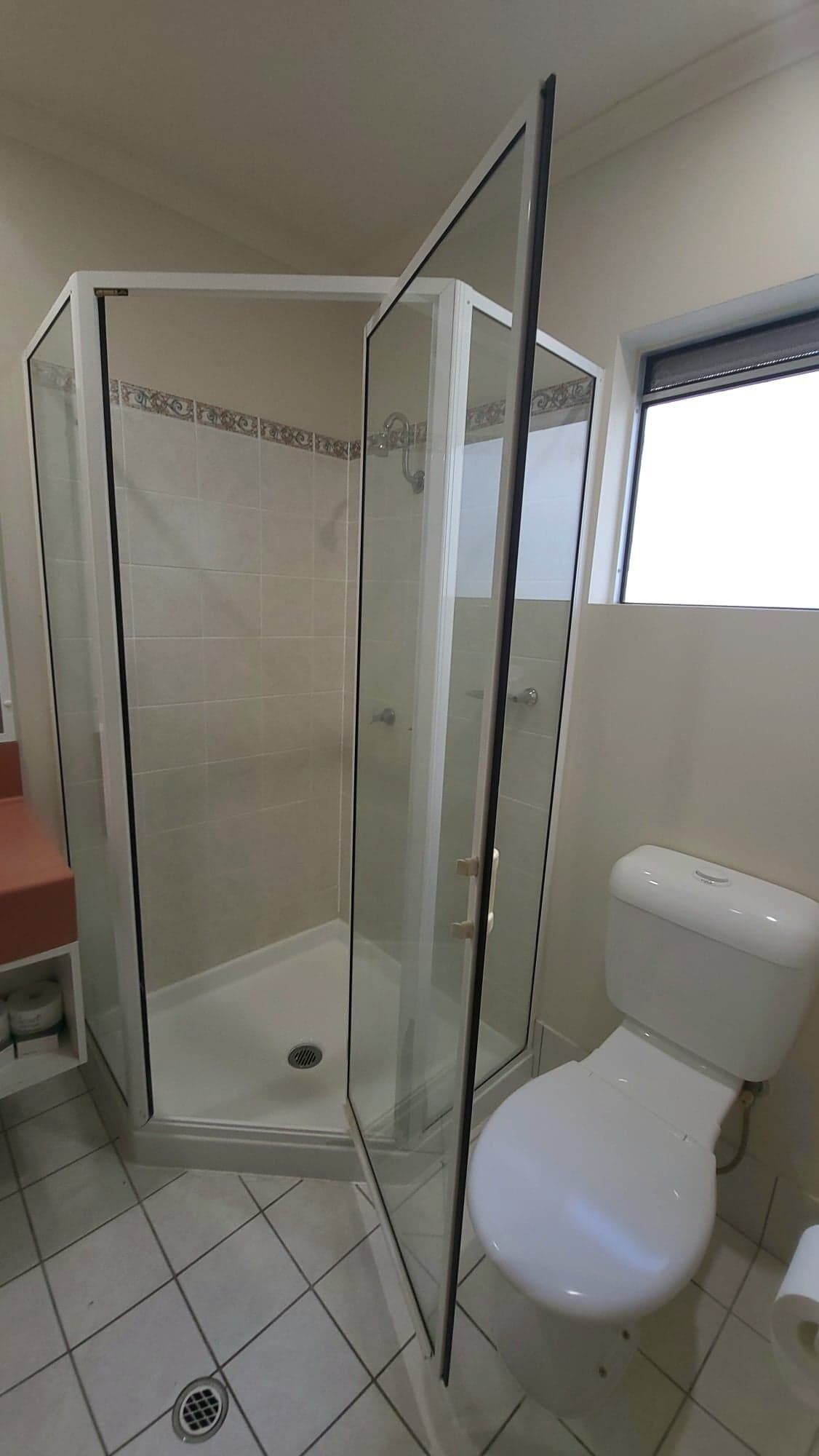 Une salle de bain avec une douche à parois de verre, des toilettes et une fenêtre.
