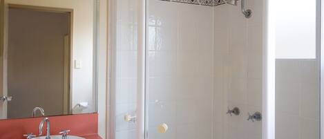 A bathroom with a sink, mirror, and shower.