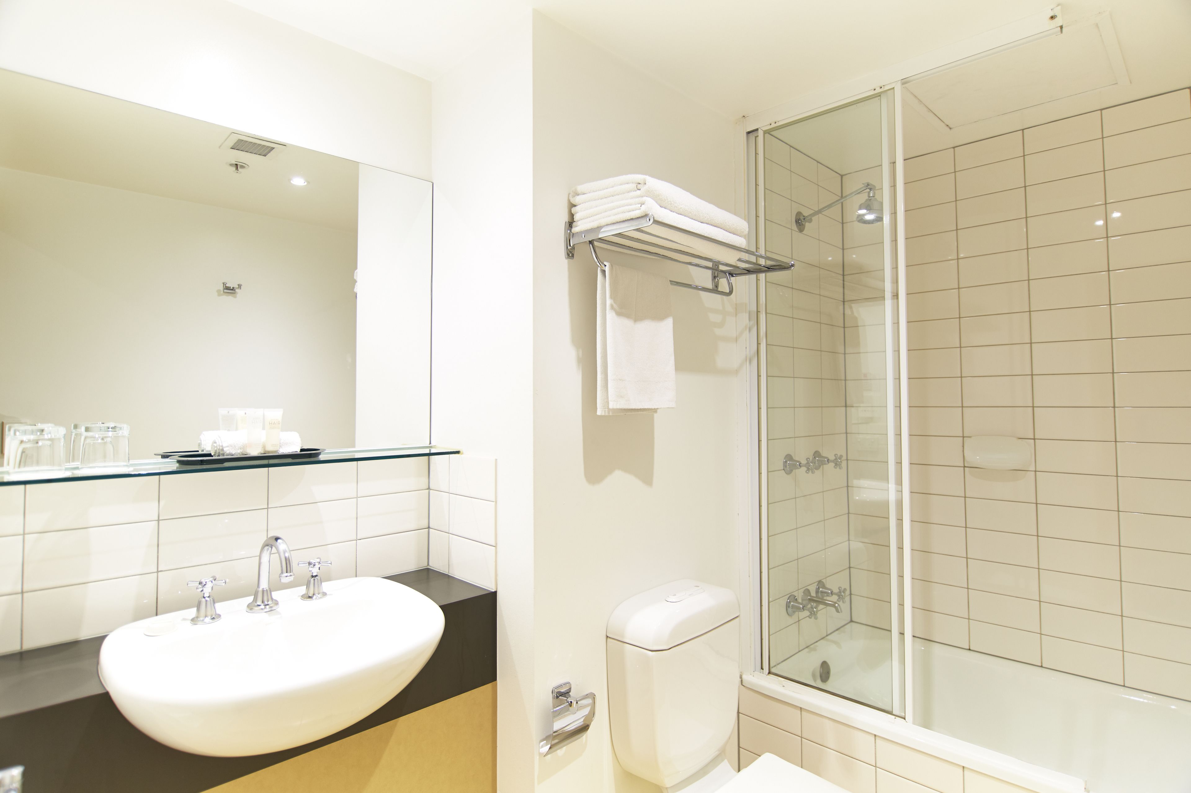 combined shower/bathtub, free toiletries, hair dryer, towels