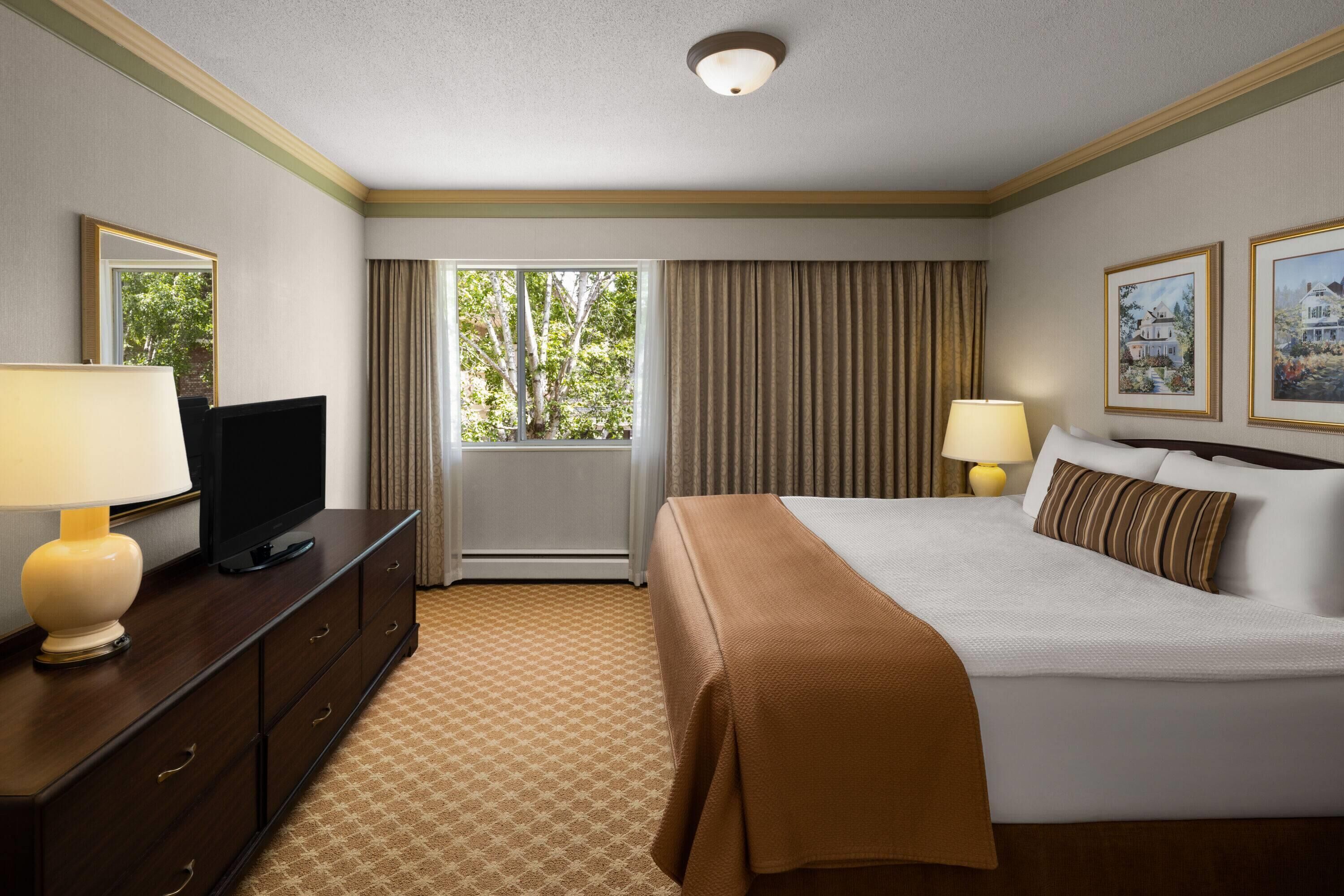 A hotel room with a bed, a television on a dresser, a window with curtains, and framed pictures on the wall.