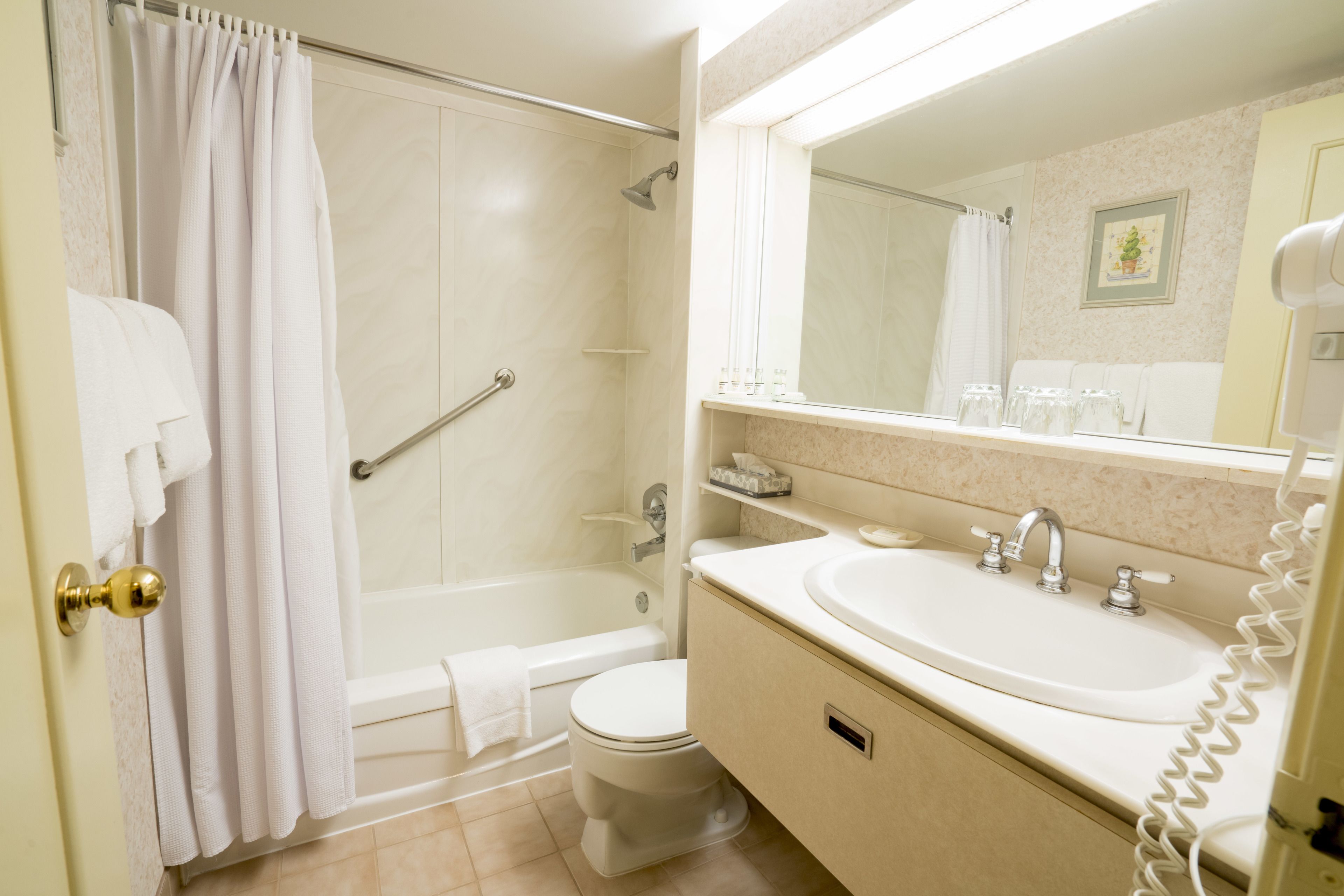 combined shower/bathtub, free toiletries, hair dryer, bathrobes