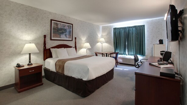Habitación de hotel con cama, mesitas de noche, escritorio, silla, lámpara de escritorio, televisor y ventana con cortinas.
