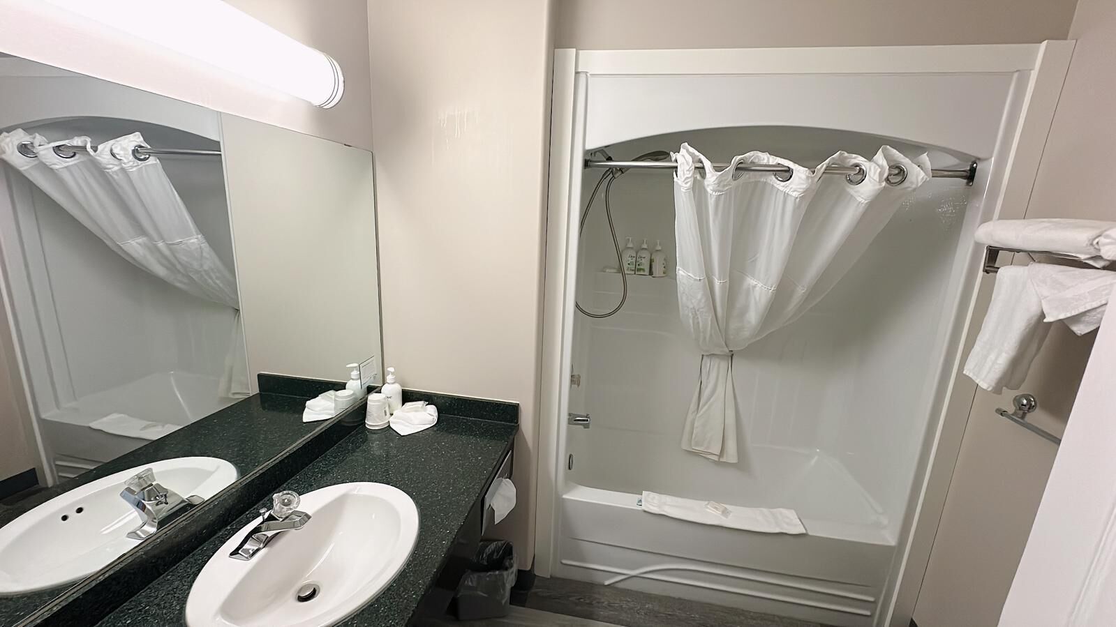 Un bagno con due lavandini, una doccia e uno specchio.