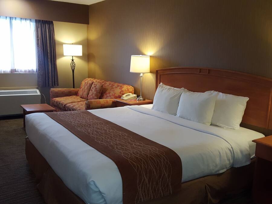 Una habitación de hotel con una cama grande, dos mesitas de noche, una silla y un escritorio. Hay un teléfono en el escritorio y una lámpara en cada mesita de noche.