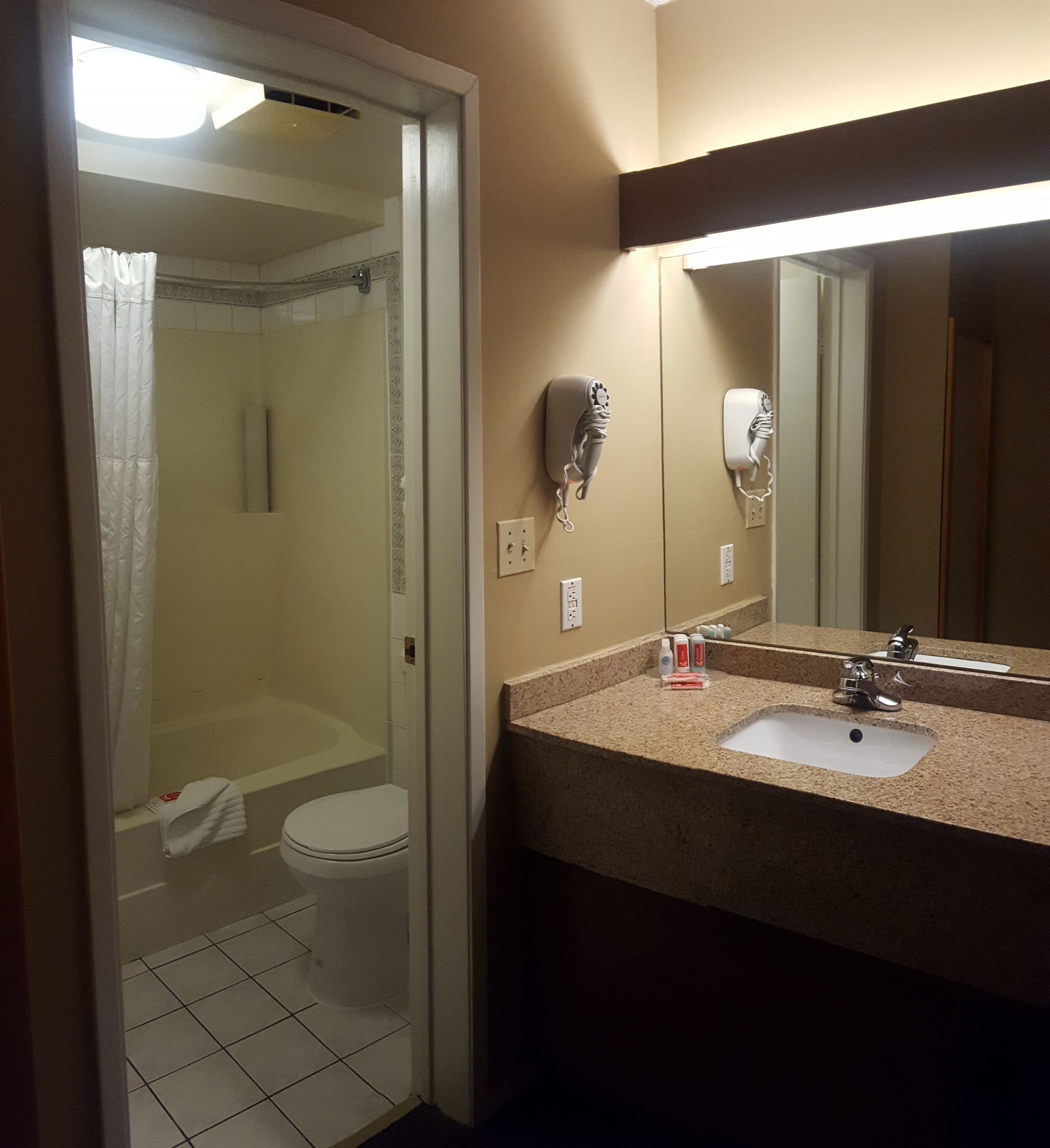 Een badkamer met douche, toilet, wastafel en een aan de muur bevestigde haardroger.
