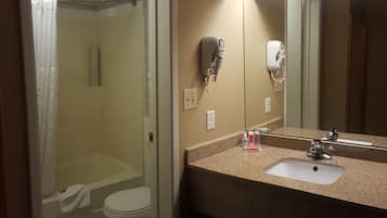 Een badkamer met douche, toilet, wastafel en een aan de muur bevestigde haardroger.