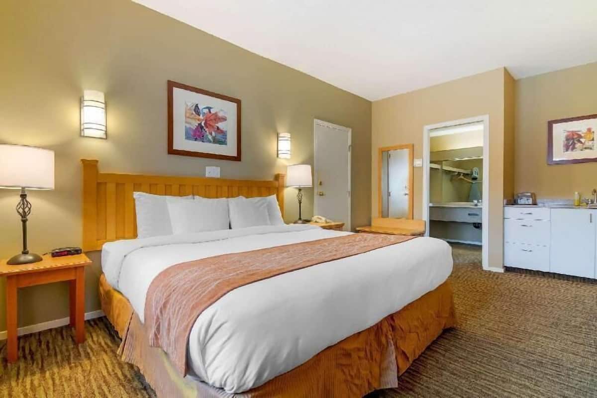 Une chambre d’hôtel avec un grand lit, des tables de chevet, une armoire et un miroir.