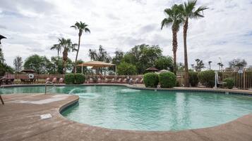 Piscina con sillas de descanso y palmeras.