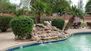 A pool area with a rock formation, palm trees, and lounge chairs. - Westgate Painted Mountain Golf Resort (Mesa)