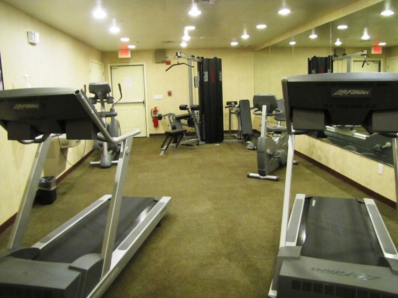 Un gimnasio con cintas de correr, máquinas de pesas y un espejo grande.