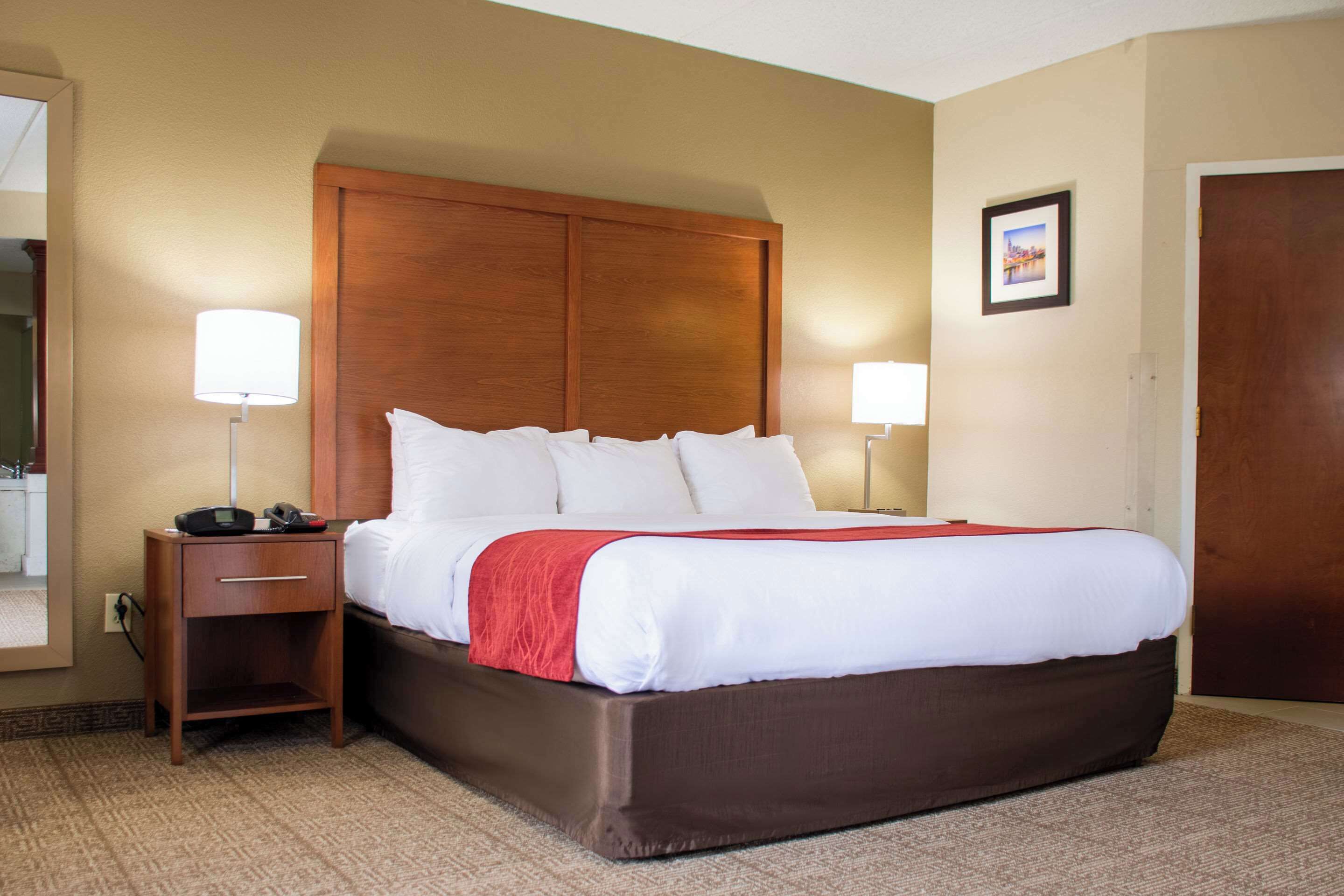 Habitació d'hotel amb un llit gran, dues taules de nit, una meseta i un panell de fusta al capçal, i dues làmpades penjades a la paret.