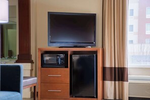 Desk, laptop workspace, blackout drapes, iron/ironing board