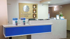 A reception desk at Comfort Inn with a marble counter, a wooden wall with the inn's logo, and a small plant on the right.