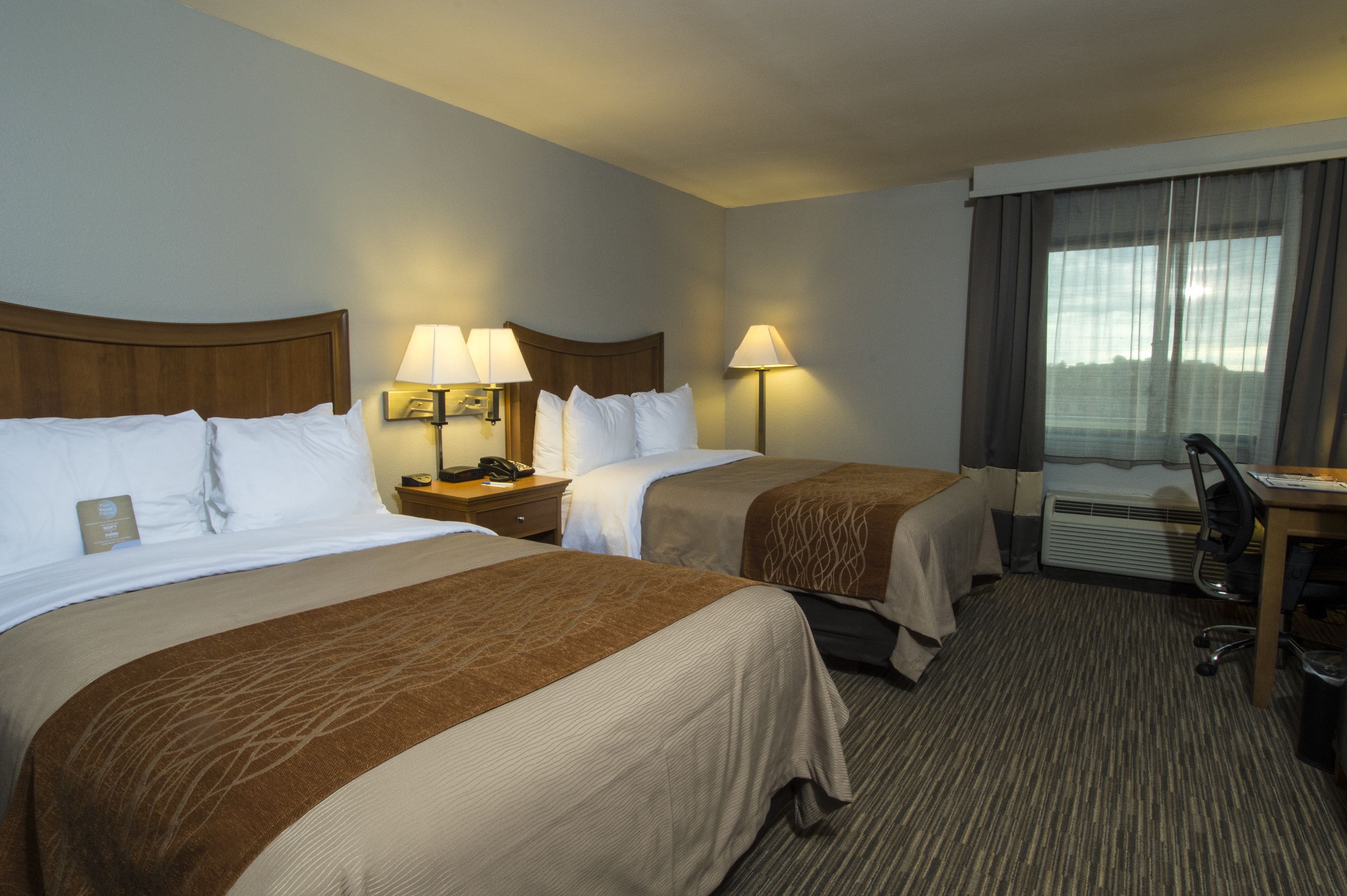 premium bedding, desk, blackout curtains, iron/ironing board