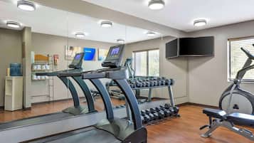 A gym with treadmills, dumbbells, and a bench.