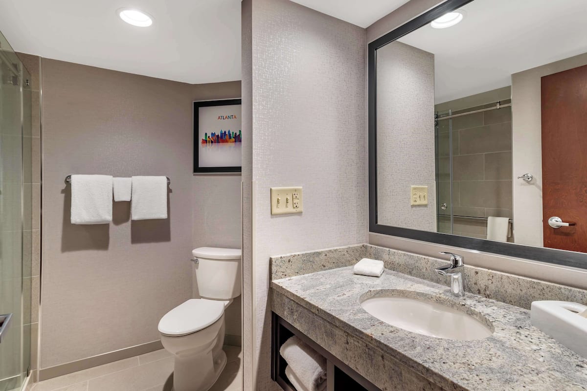 combined shower/bathtub, eco-friendly toiletries, hair dryer, towels