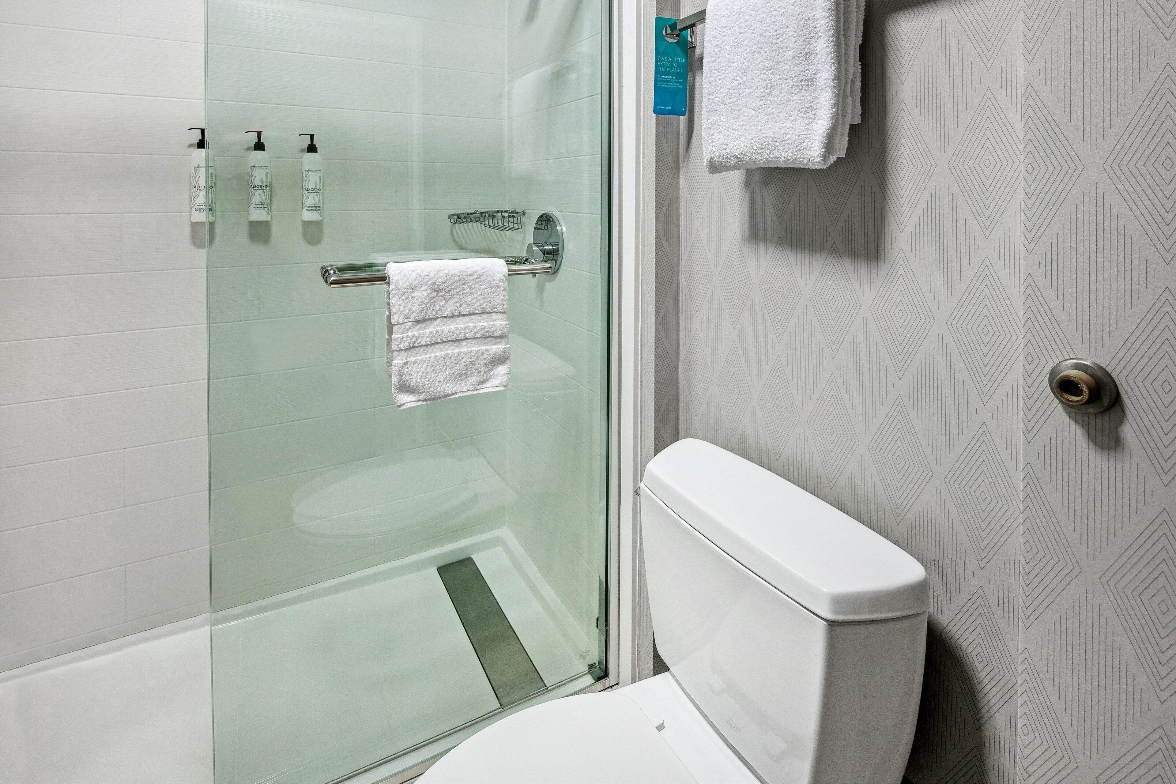 combined shower/bathtub, free toiletries, hair dryer, towels