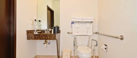 Une salle de bain équipée de toilettes, d’une barre d’appui et d’un lavabo avec un miroir.