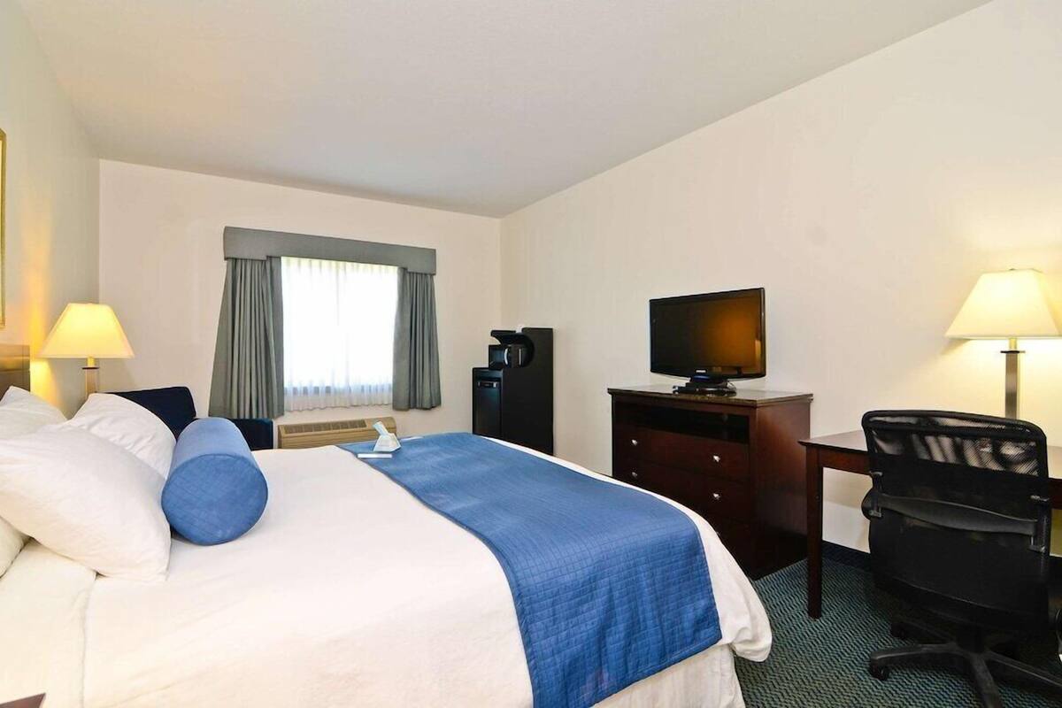 A hotel room with a bed, a desk, a chair, a television, and a window with curtains.