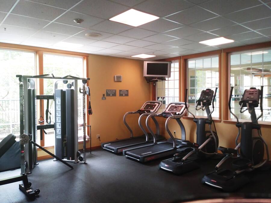 A gym with treadmills, elliptical machines, and weightlifting equipment.