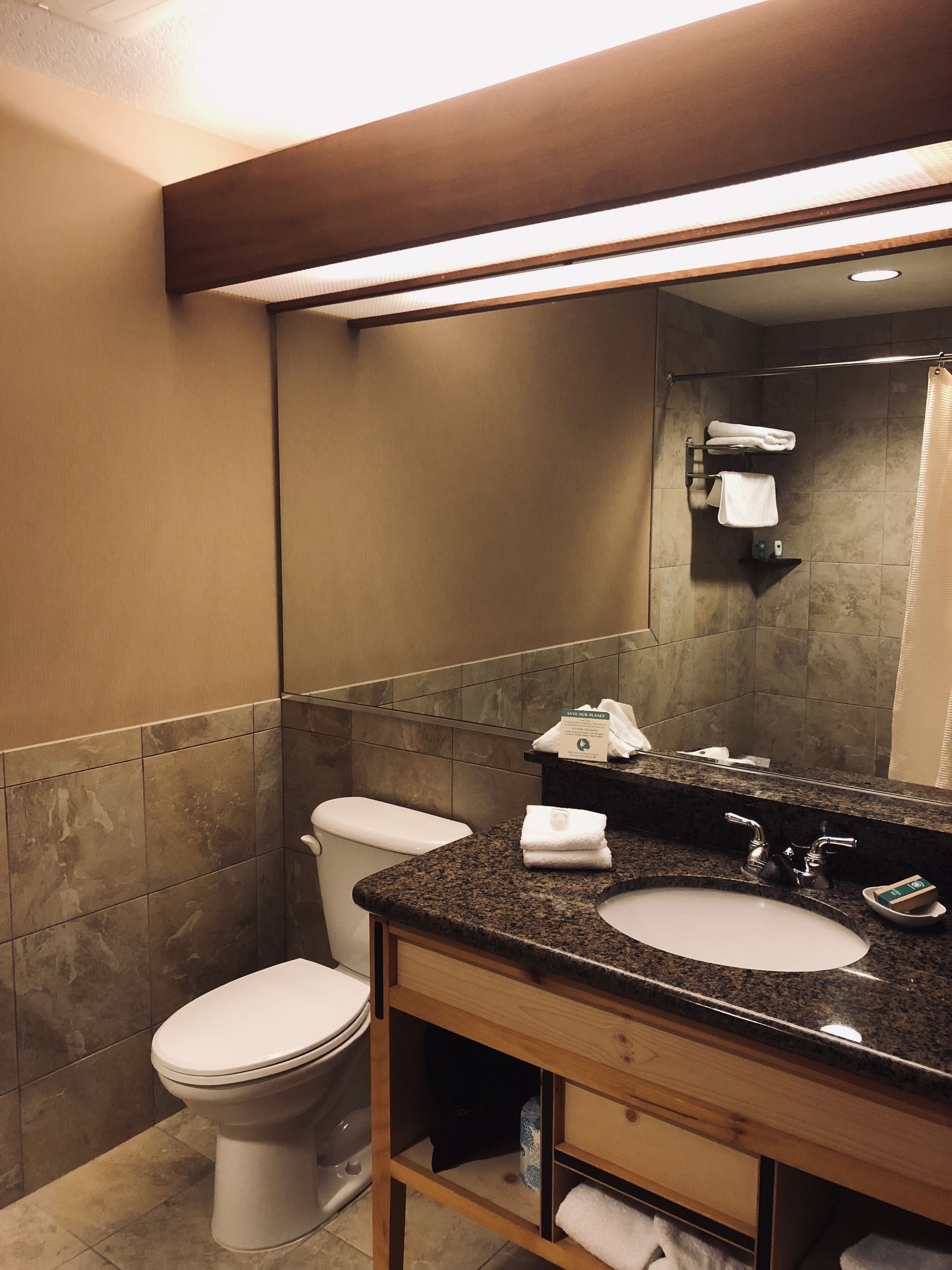 Un bany modern amb taulell de granit, un lavabo blanc, un mirall i un vàter.