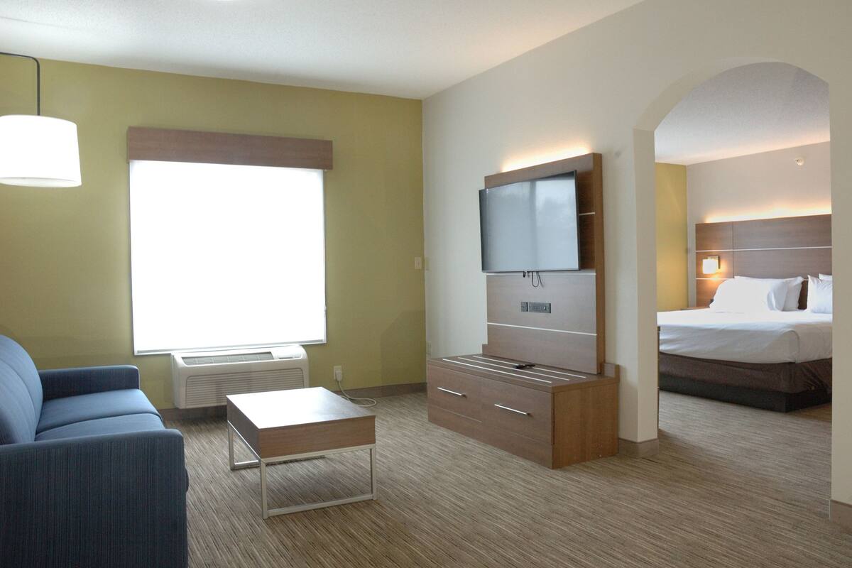 Une chambre d’hôtel avec un lit, une télévision, un bureau et un canapé.