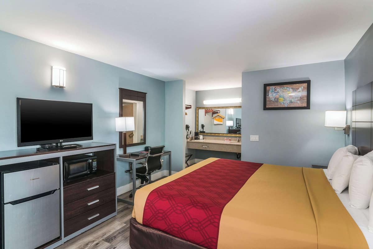 A hotel room with a bed, a desk with a computer, a television, a microwave, and a refrigerator.