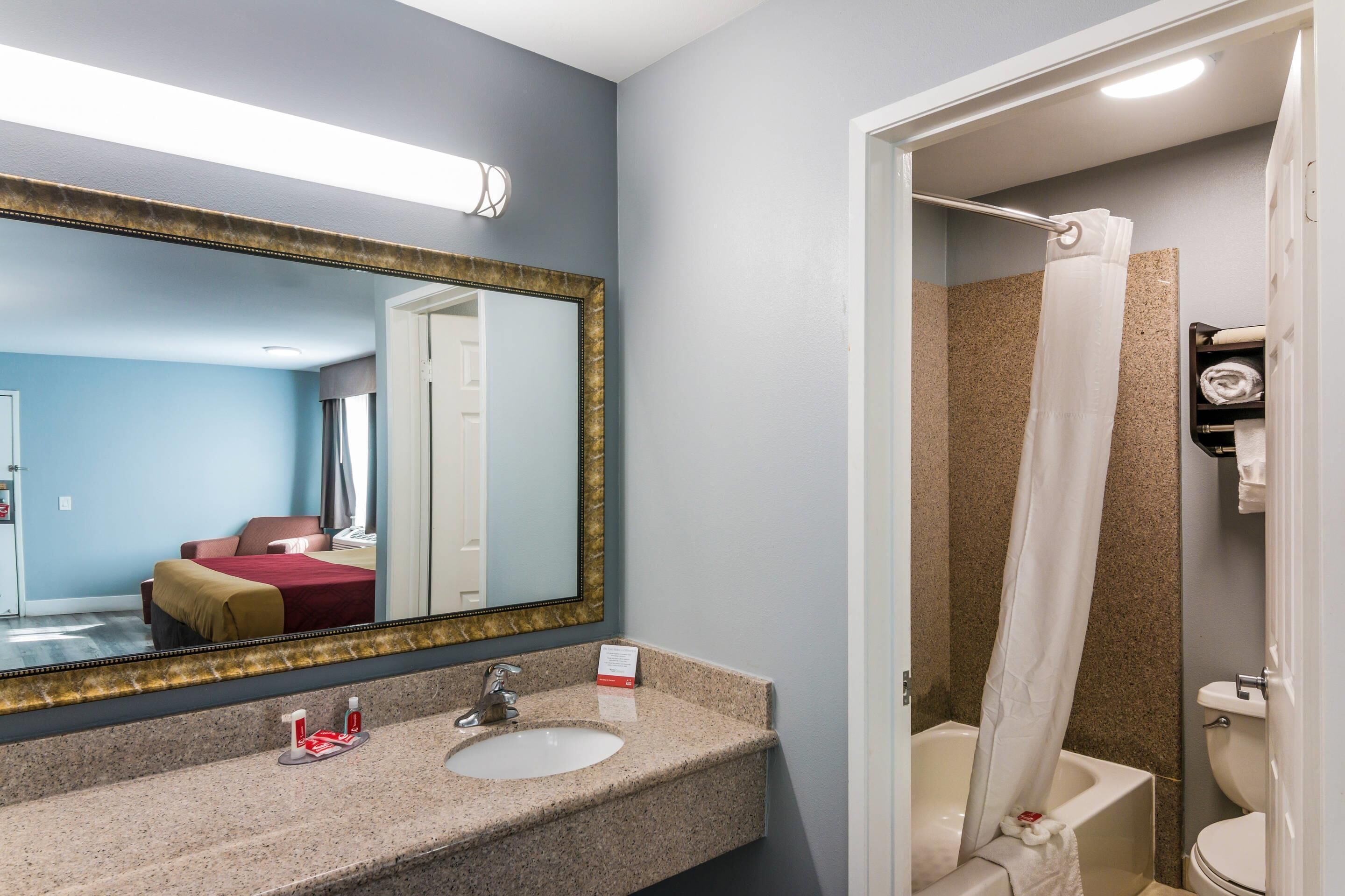 A bathroom with a sink, mirror, and shower.