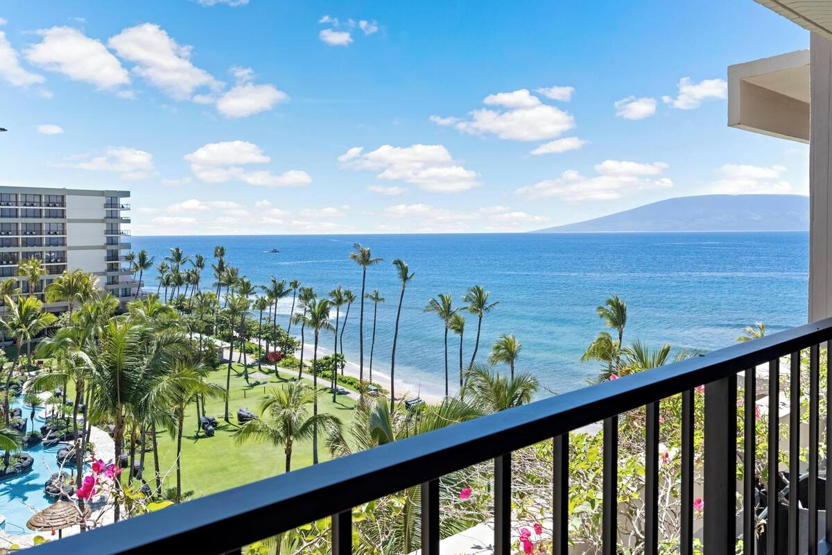 A hotel balcony with a view of the ocean, palm trees, and a distant mountain.