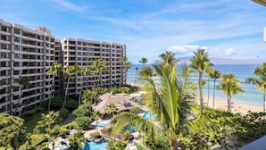 Un resort con piscina, palmeras y vista a la playa.