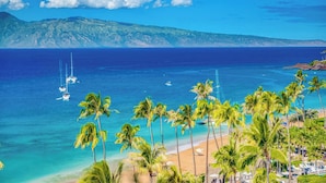 A beach with palm trees, clear blue water, and boats. - Kaanapali Alii-2 Bedroom Ocean Views (Lahaina)