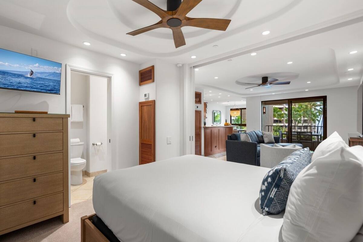 A modern bedroom with a large bed, a ceiling fan, a TV, and a view of the outdoors.