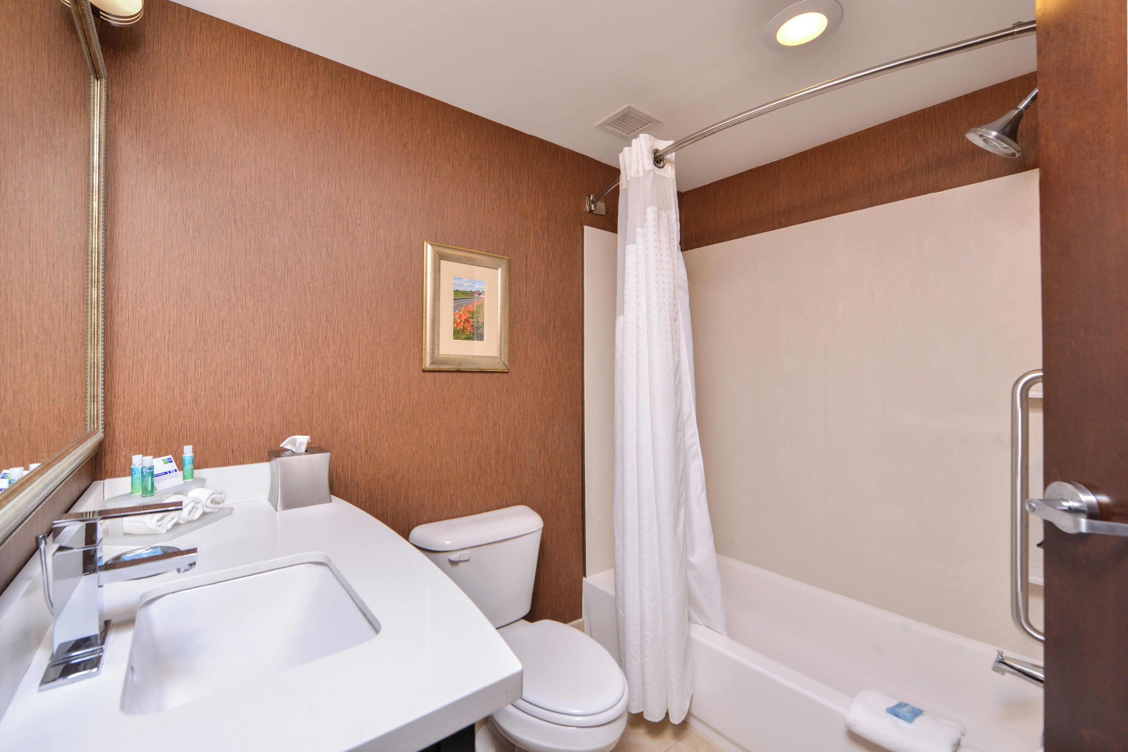 A bathroom with a white sink, toilet, and bathtub. There is a framed picture on the wall and a towel rack.