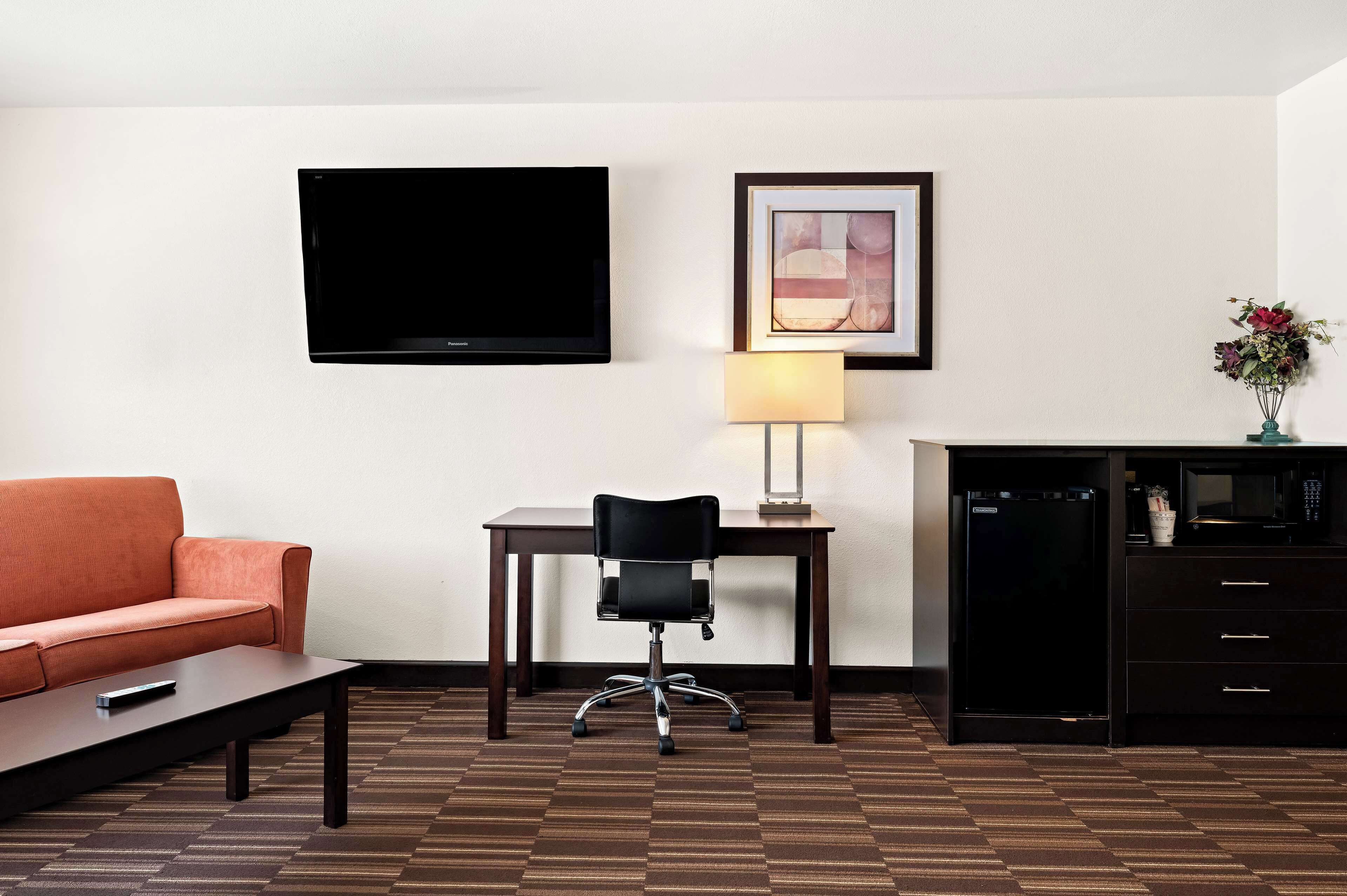 Habitación de hotel con sofá, escritorio con silla, televisión, cuadro enmarcado, lámpara, microondas y refrigerador.