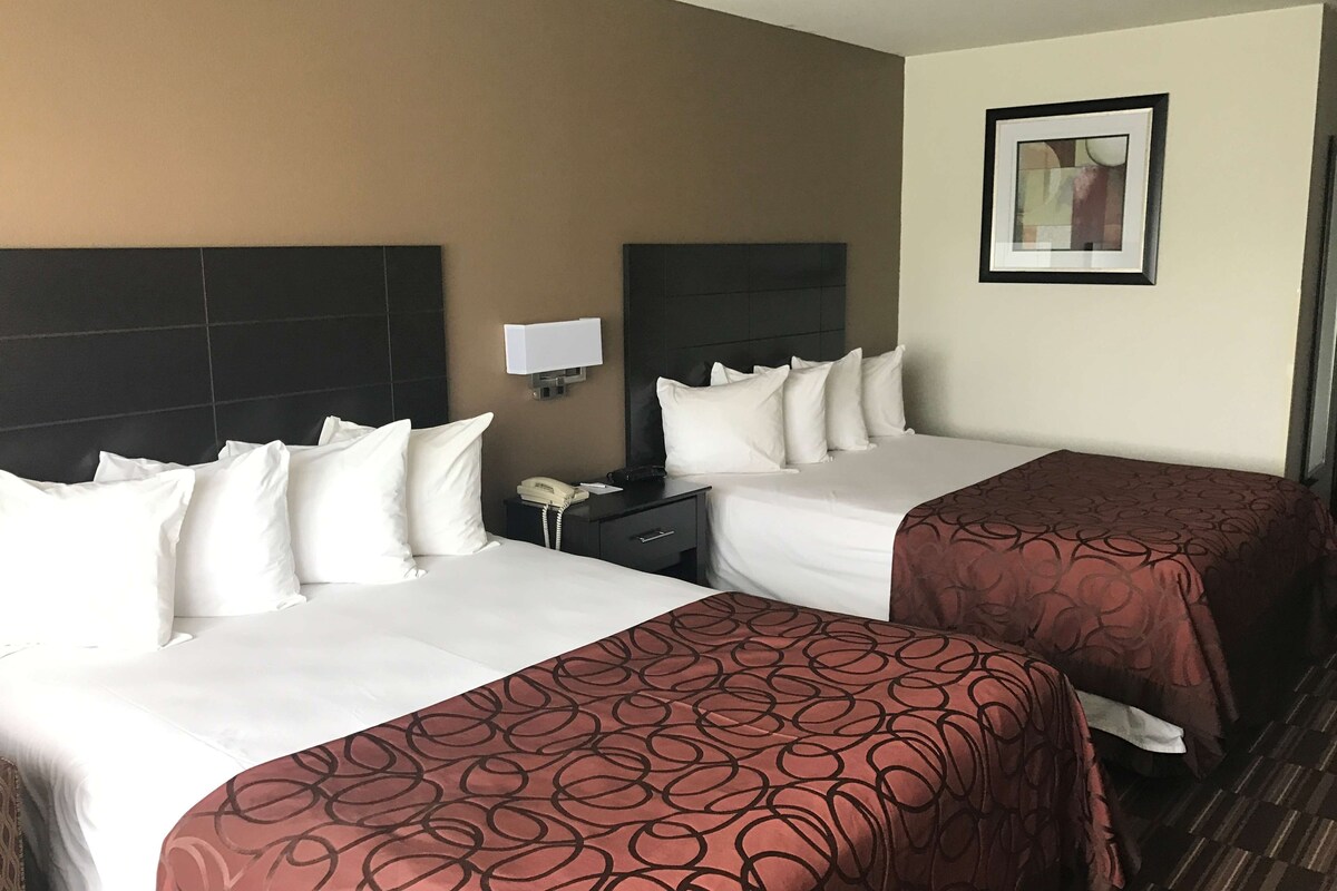 A hotel room with two beds, a bedside table with a phone, a wall-mounted lamp, and a framed picture.
