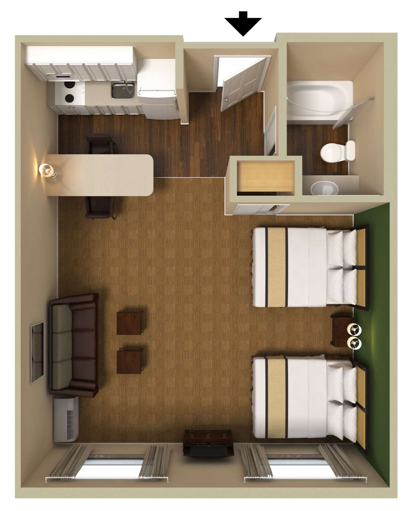 Habitació d'hotel petita amb cuineta, un llit individual, un sofà, una taula petita i una finestra.