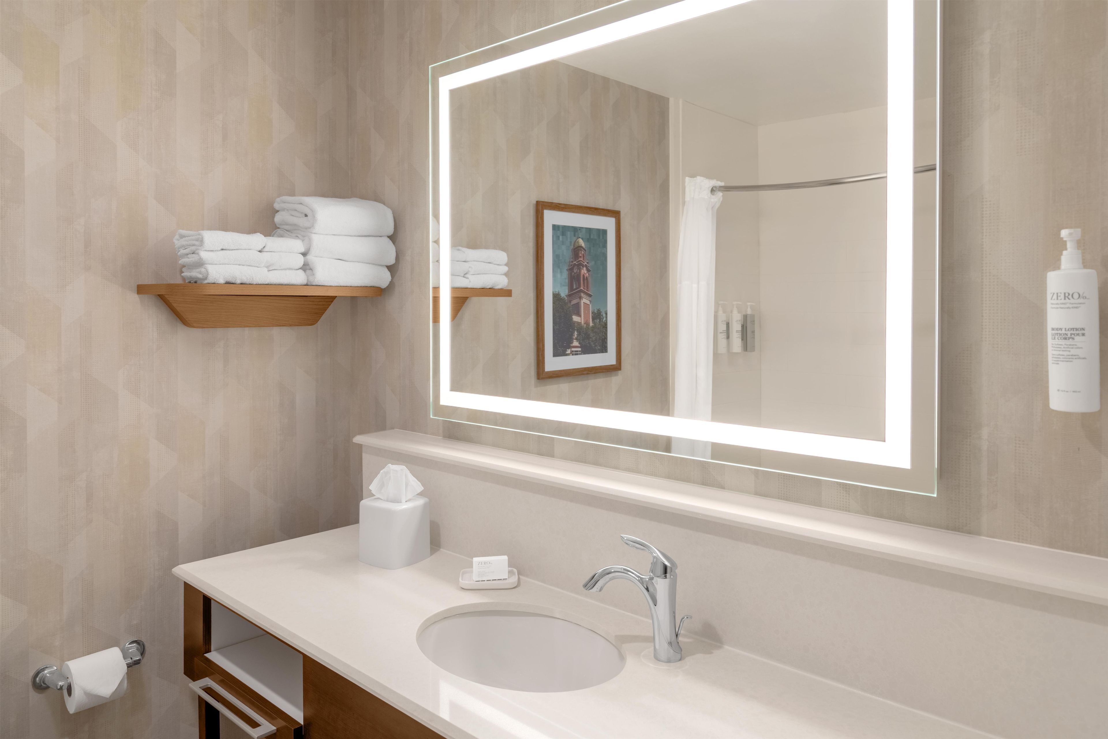 A bathroom with a large mirror, a sink, a towel rack, and a framed picture on the wall.