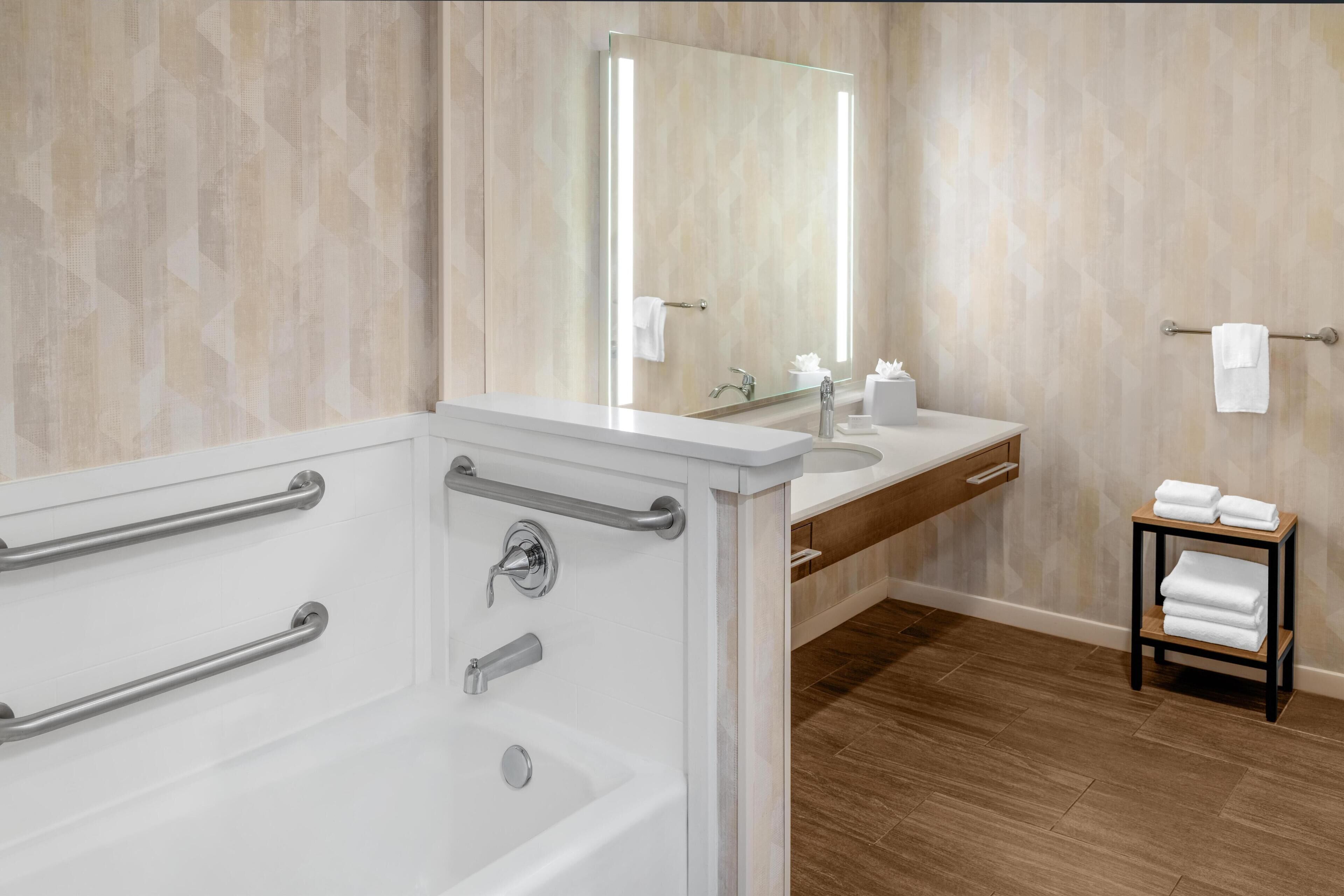 Room, 1 King Bed with Sofa bed, Accessible (Mobility & Hearing, 3x3 Shower) | Bathroom | Shower, hair dryer, towels
