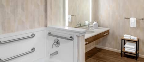 Room, 1 King Bed with Sofa bed, Accessible (Mobility & Hearing, 3x3 Shower) | Bathroom | Shower, hair dryer, towels