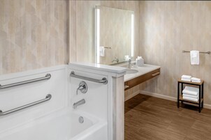 Room, 1 King Bed with Sofa bed, Accessible (Mobility & Hearing, 3x3 Shower) | Bathroom | Shower, hair dryer, towels