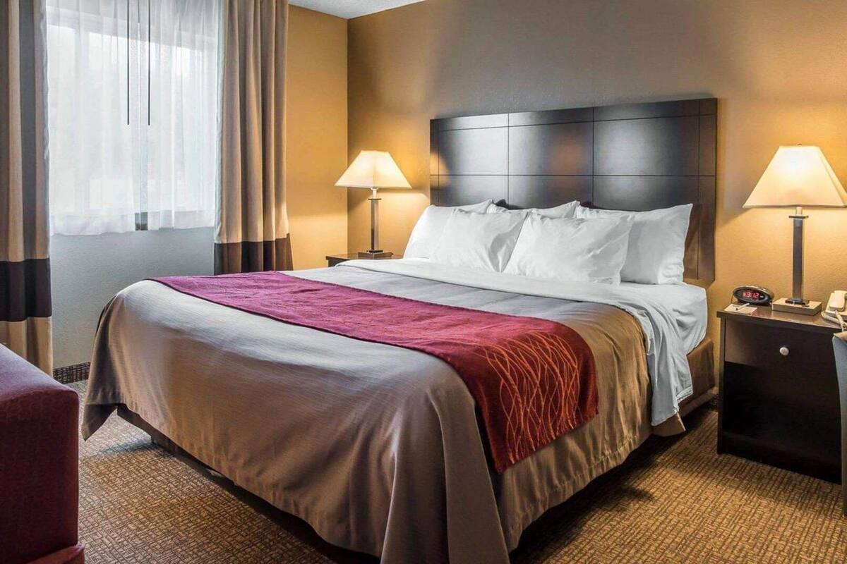 A hotel room with a large bed, two bedside tables, a nightstand, a window with curtains, and a carpeted floor.